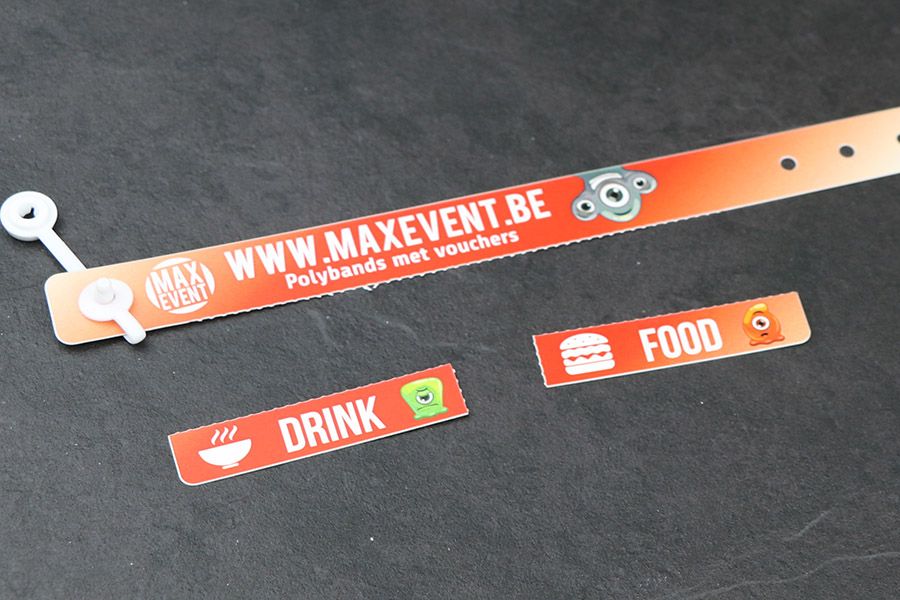 polybands met 2 afgescheurde vouchers, voor food en drink
